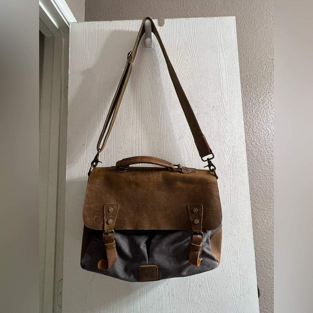 Wowbox Genuine Leather Canvas Handled Crossbody Messenger Bag Gray Brown